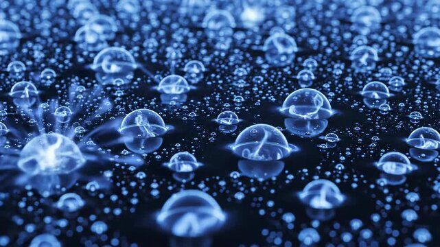 Abstract blue spherical shapes and tiny dots creating a mesmerizing underwater effect