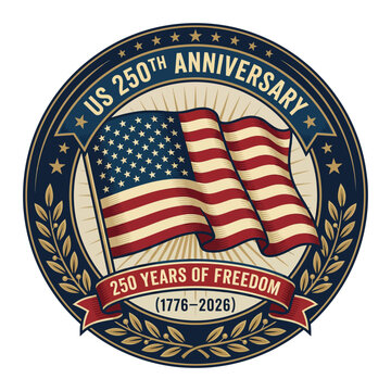 US 250th Anniversary Vintage Badge with Waving American Flag