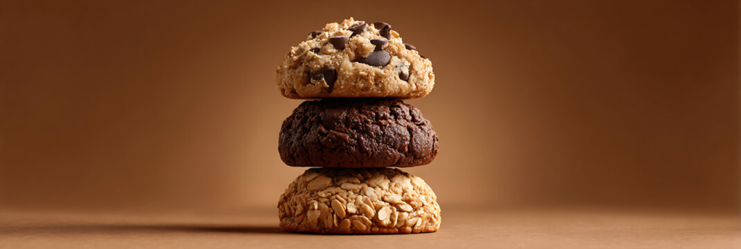 Delicious stack of three assorted gourmet cookies including chocolate chip, double chocolate, and oatmeal grain on a warm brown background for bakery branding and design.