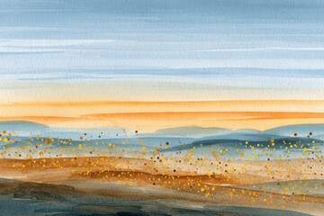 Obraz premium Abstract watercolor painting showing golden dots on landscape