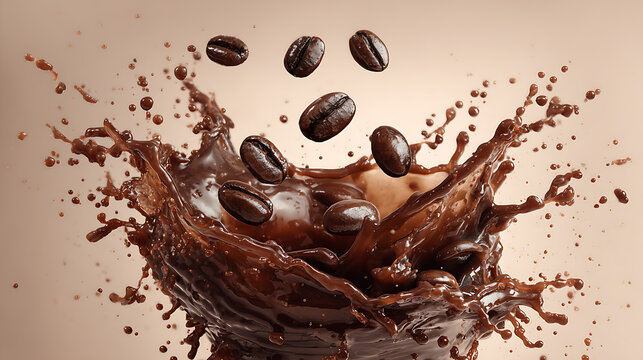 An explosive splash of dark roasted coffee with whole beans captured in mid-air, symbolizing a powerful caffeine boost and the intense aroma of a fresh brew.