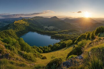 Fototapeta premium Stunning sunset over serene lake and mountain landscape