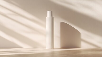 A minimalist white bottle is elegantly positioned on a wooden surface, with soft sunlight casting delicate shadows, This image is ideal for cosmetic or wellness product promotions,