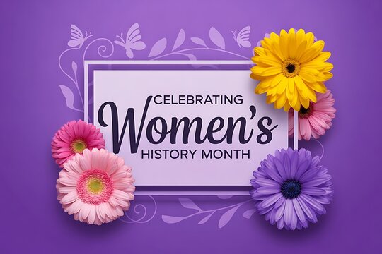 Celebrating womens history month with colorful flowers on purple background