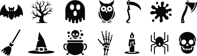 Fototapeta premium A clean vector illustration showcasing a captivating collection of spooky Halloween icons, perfect for festive graphic design projects and holiday celebrations