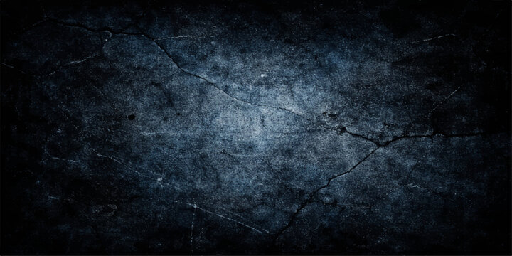 A dark blue grunge texture features a vintage blank concrete wall with a rough old stone pattern, creating a dark dirty paper backdrop and empty gray blackboard surface design