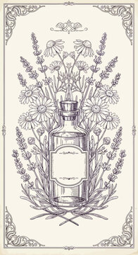 Vintage botanical illustration of lavender and chamomile elixir bottle