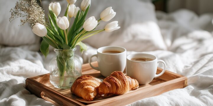 Wooden breakfast tray with croissants, white coffee mugs and tulips resting on soft bedding. Serene morning moment in a bright, cozy bedroom with natural light and pastel tones.