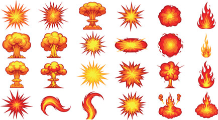 Set of Cartoon Explosion Effects Mushroom Clouds and Fire Flames for Game Design © Firoz
