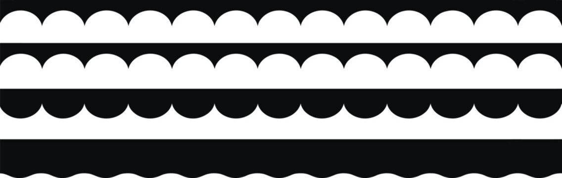 A minimalist black and white line drawing featuring a pattern of repeating scalloped shapes creating a decorative border or texture