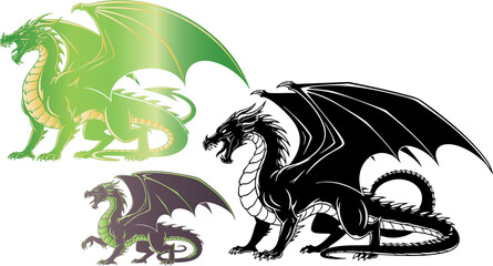 Naklejka premium Three stylized vector dragons in different color variations