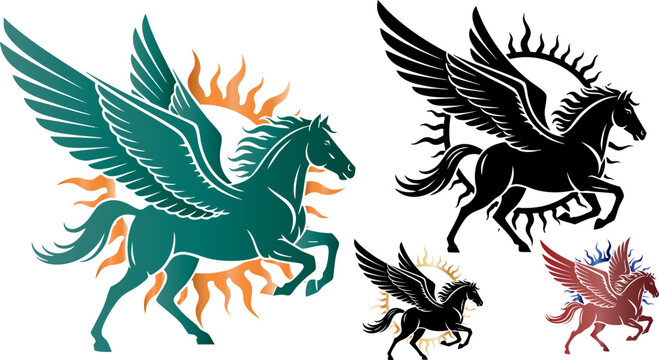 Pegasus winged horse vector illustration set with sunburst background.
