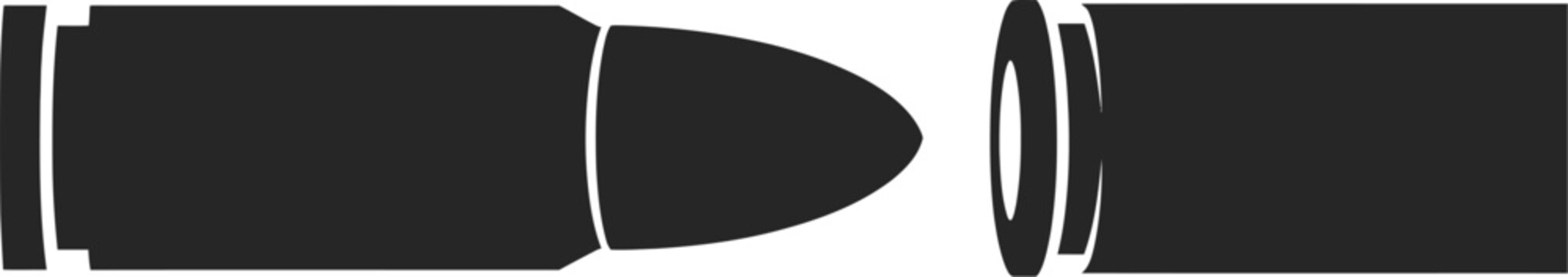 A minimalist black and white vector illustration depicting a bullet and its casing