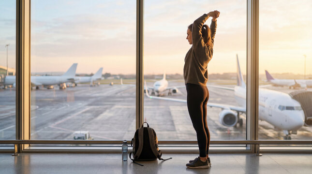 Woman stretches at airport window gate. Calm airport morning routine with backpack, planes outside, travel fitness to beat jet lag, airport wellness for summer vacation travel, sunrise concept
