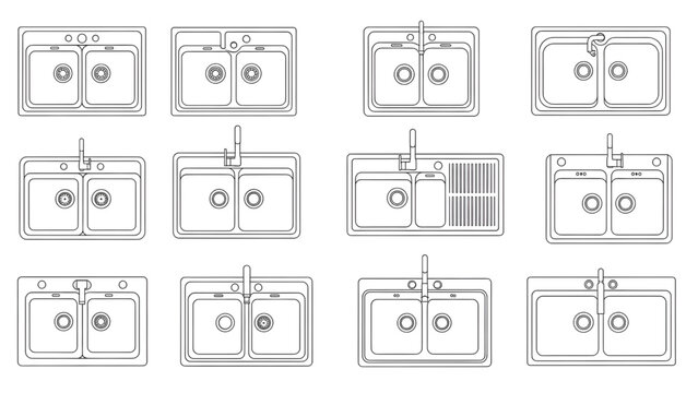 Single and Double Bowl Kitchen Sink Outline Vector Set for Plan View Interior Floor Plan Design