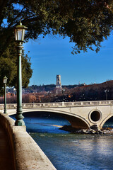 View of Verona beautiful historical center with Adige River and cathedral bell tower