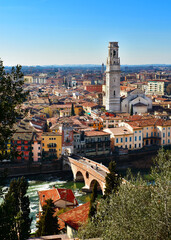 View of Verona beautiful historical center with cathedral, Stone Bridge and Adige River