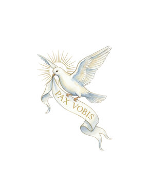 Peace Dove Watercolor Illustration with Inscription 'Pax Vobis'