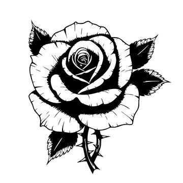 Black and white illustration of a rose with thorns.