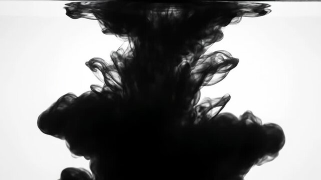 Silhouette of dark ink dissolving and spreading in clear liquid