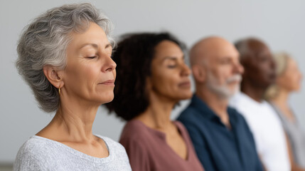 Obraz premium Diverse group of individuals engaging in mindfulness practice, different backgrounds cultures ethnicities representing, calm environment multicultural wellness, with copy space