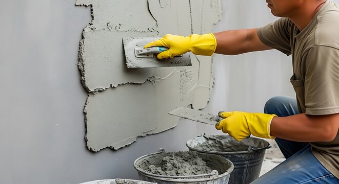 Builder applying cement plaster on wall with trowel. Man doing construction work for building house or renovating. Home improvement concept.