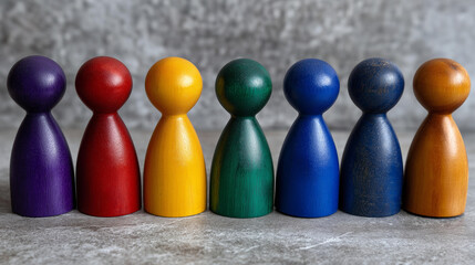 Naklejka premium Colorful wooden pawns standing in line representing diverse group, multicultural figurine display, ethnic variety symbolism, inclusion representation, with copy space