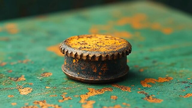 Close-up of a rusty bottle cap on a weathered green surface