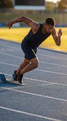 Fototapeta premium man person sportsman run start ready stadium training sport vertical view