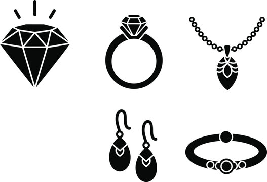 Set of jewelry and accessory icons including diamond ring and necklace
