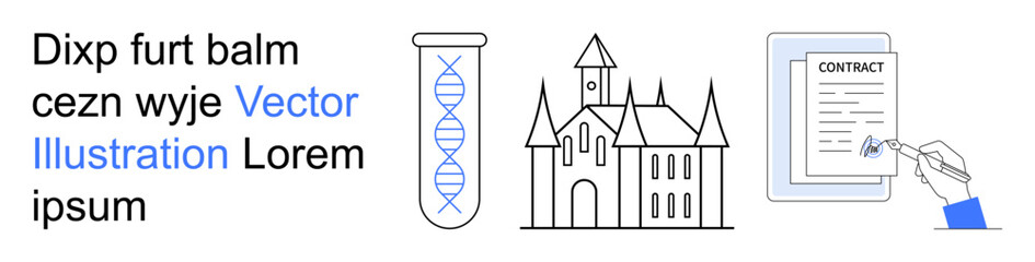Naklejka premium Research, legal documentation, heritage, history, agreements, science. A DNA helix, a castle and a signed contract . Science and legal documentation concepts
