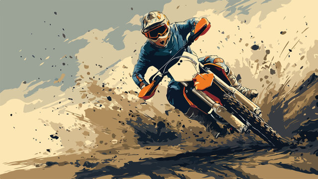 A dirt bike rider races aggressively around a dusty corner, kicking up dirt