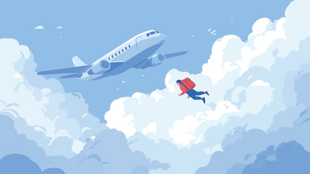 A person with a backpack parachutes below a passenger jet amidst dramatic clouds