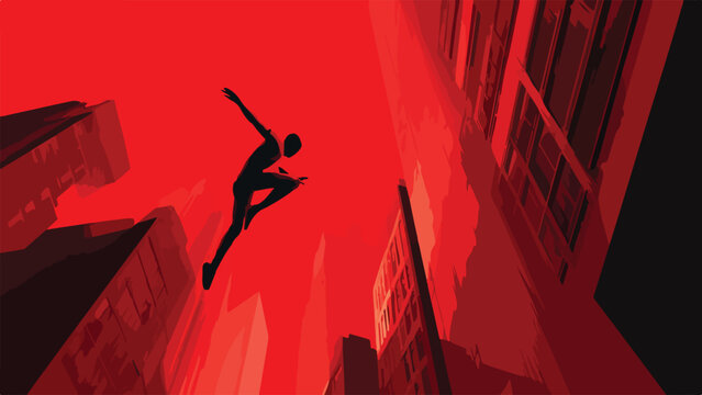 A stylized silhouette of a person leaps between abstract urban buildings under a red sky