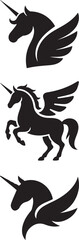 Obraz premium Three Black Unicorn and Pegasus Silhouettes on White