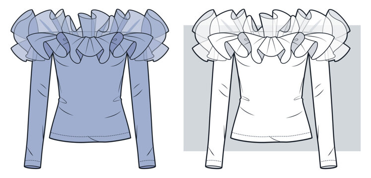 Off Shoulder Blouse with Sheer Ruffles Technical Fashion Illustration. Romantic Jersey Top with Organza Trim Fashion Flat Technical Drawing Template, front view, white, soft blue, women CAD mockup.