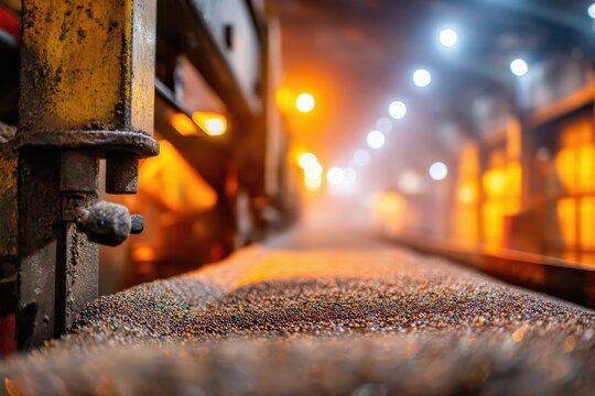 Close-up of iron ore pellets on a conveyor belt in a steel mill industrial facility with warm glowing lights