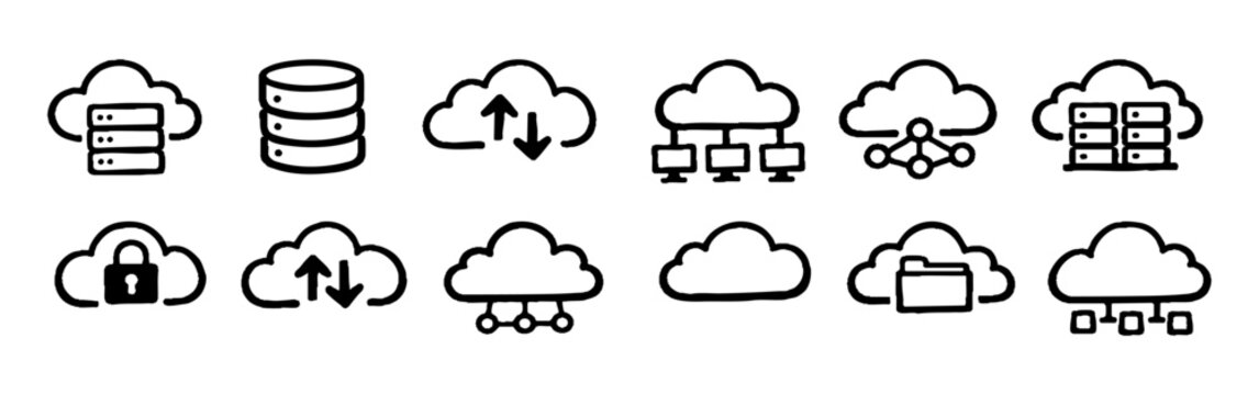Hand-drawn cloud computing and data storage icon set. Features server, database, security, and network symbols in a minimalist doodle sketch style.