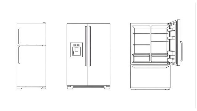 Refrigerator Types Outline Vector Set &ndash; Single Door, Double Door and French Door Fridge Plan View Collection