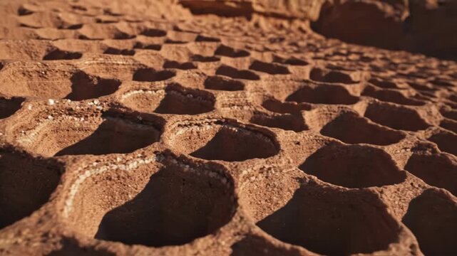 Close-up of textured red rock with honeycomb-like indentations, showing crystalline detail