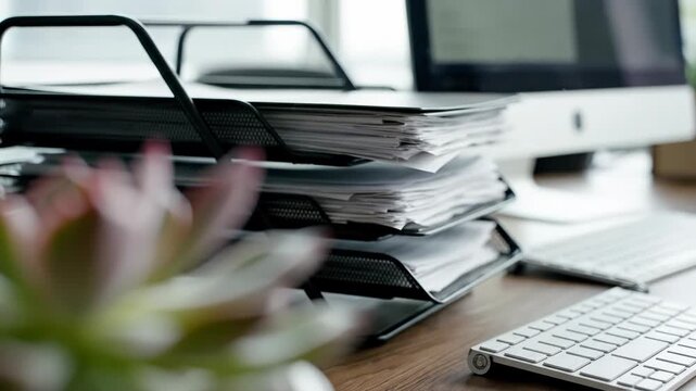 A desk with a potted succulent, paper tray, and computer in soft focus