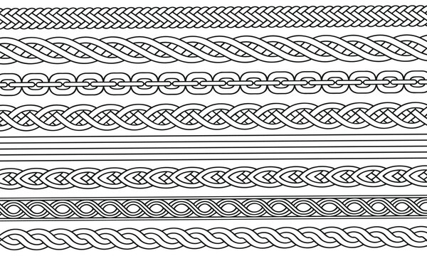 Seamless decorative border patterns, including braids, chains, and Celtic knots, are depicted with crisp black lines on a white background.