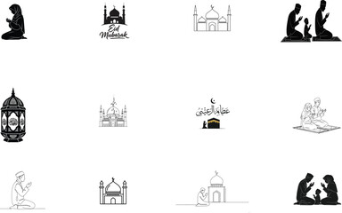 Fototapeta premium Islamic Vector Icon Set with Outline and Silhouette Styles for Ramadan Kareem, Eid Mubarak & Religious Use