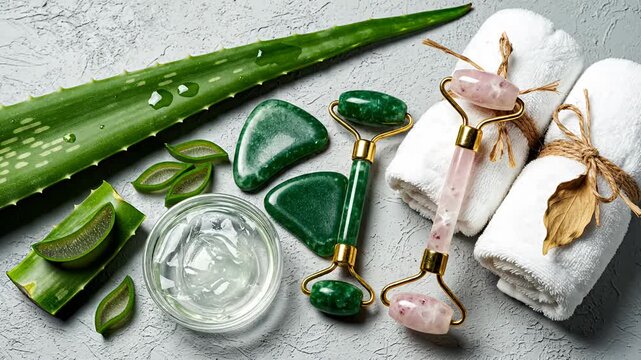 Aloe vera leaves, gel, jade rollers and spa towels