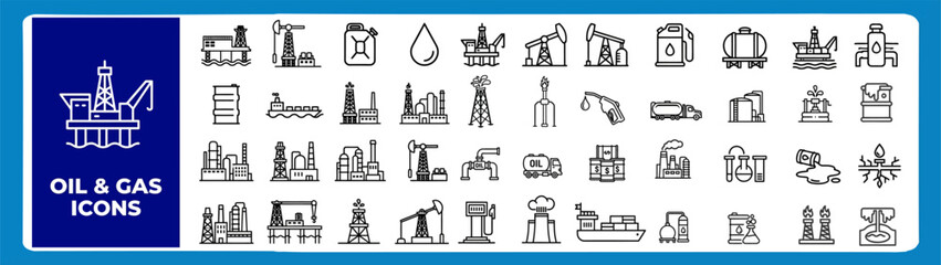 Oil and Gas Industry Outline Vector Icons Set — Fuel, Gas Station, Refinery, Petroleum, Oil Well and Energy Line Icons for Web and App UI © Pixel_Forge