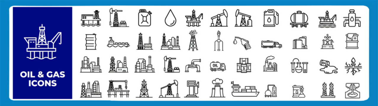 Oil and Gas Industry Outline Vector Icons Set &mdash; Fuel, Gas Station, Refinery, Petroleum, Oil Well and Energy Line Icons for Web and App UI