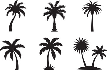 Fototapeta premium A diverse collection of black silhouette palm trees showcasing various tropical shapes and sizes