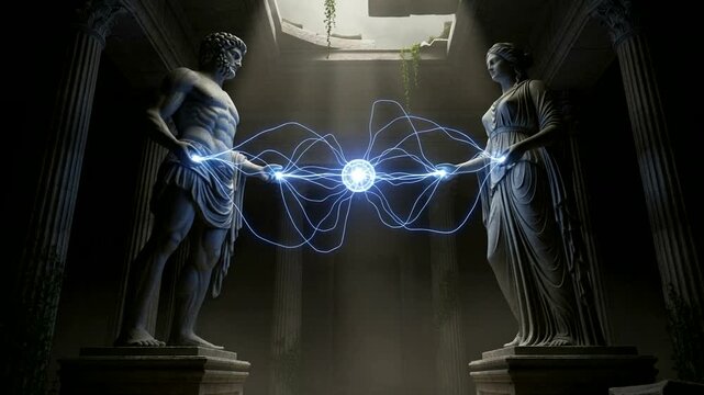 Ancient statues generate mystical energy between them in a dark chamber.