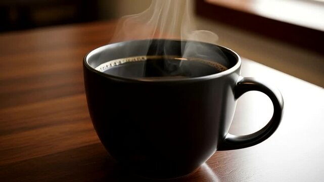Aromatic Coffee Cup on Wooden Table with Rising Steam.