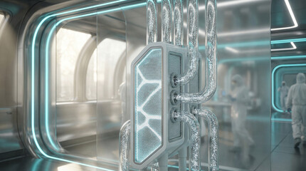 Fototapeta premium Advanced vertical air filtration unit with hexagon mesh and glass conduits, generative AI